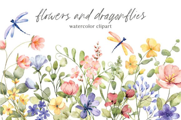 Flowers and Dragonflies Watercolor Set