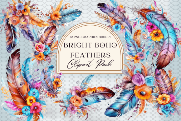 Watercolor Bright Boho Feather Graphics: A Versatile Asset for Creative Projects