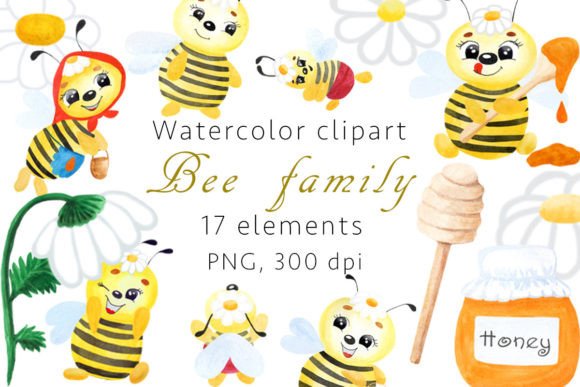 Watercolor Clipart Bee Family, PNG, JPEG: A Versatile Resource for Creative Projects